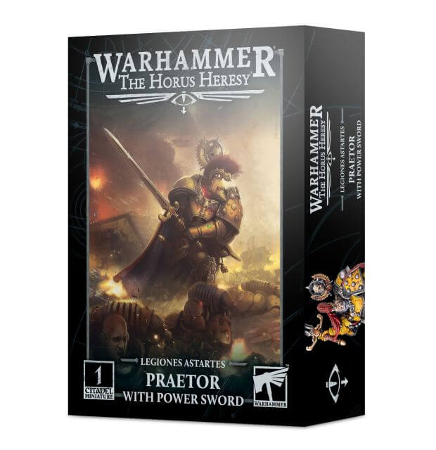 Product image of Warhammer The Horus Heresy Praetor with Power Sword miniature, showing the box art with a depiction of the miniature character in a dynamic pose, accompanied by various logos and branding related to the product.