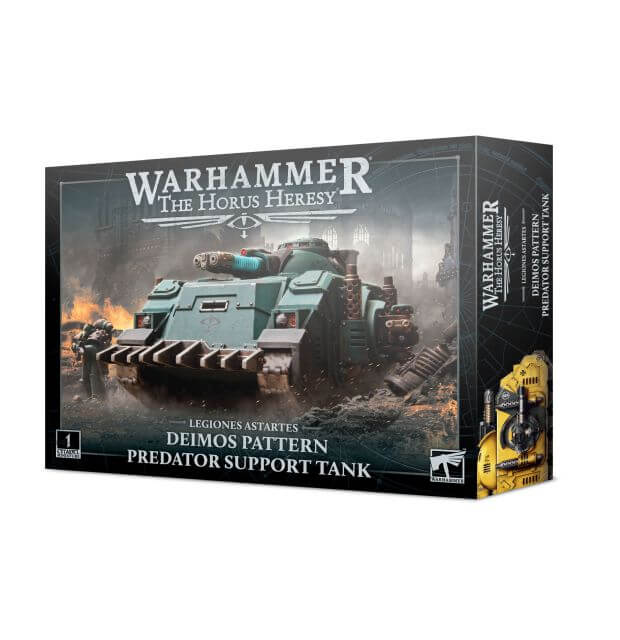 Product image of Warhammer The Horus Heresy Predator Support Tank miniature, showing the box art with the model assembled and painted.