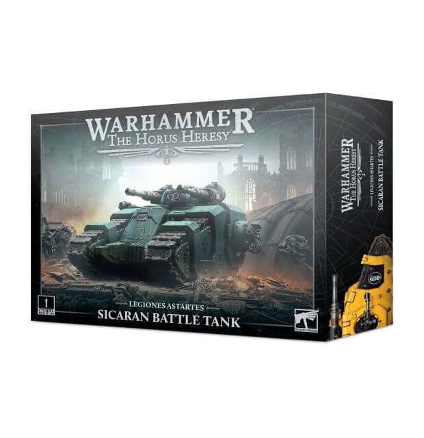 Product image of Warhammer The Horus Heresy Sicaran Battle Tank miniature, showing the box art with the assembled and painted model, and the components inside the box.