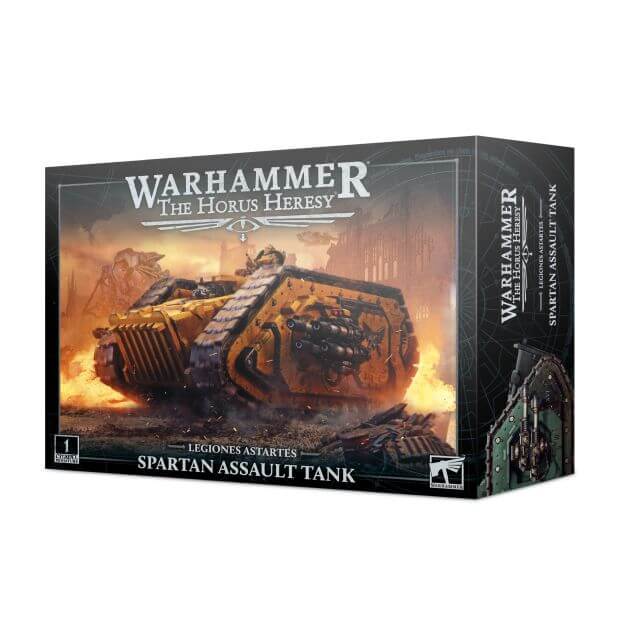 Packaging for Warhammer 40,000 Spartan Assault Tank miniature, showing the miniature itself on the front along with the 'Horus Heresy' branding.