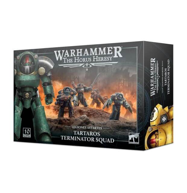 Product image of Warhammer The Horus Heresy Taritos Terminator Squad miniature figures, showing the box art with painted examples of the miniatures and the components included.