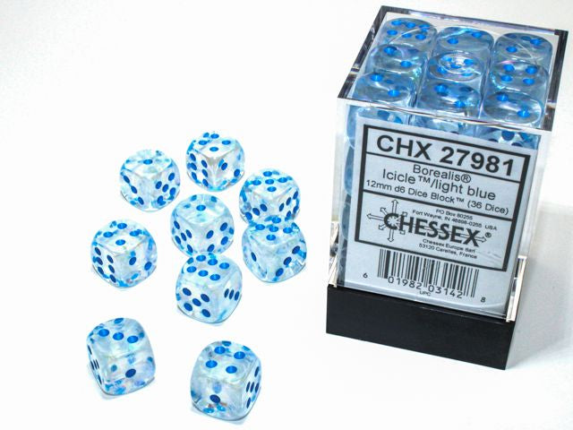 A close up of the Chessex Borealis Icicle with light blue 12mm d6 set and its' packaging.