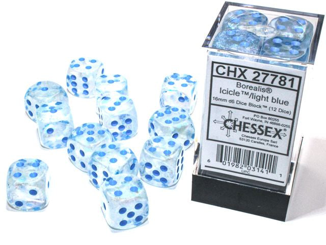 A close up of the Chessex Borealis Icicle with light blue 16mm d6 set and its' packaging.