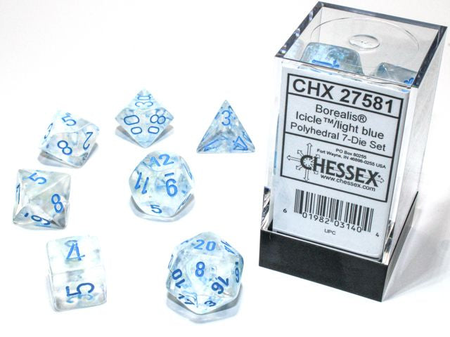 A close up of the Chessex Borealis Icicle with light blue polyhedral set and its' packaging.