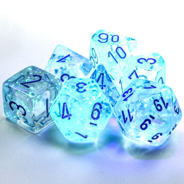 A close up of the Chessex Borealis Icicle with light blue polyhedral set.