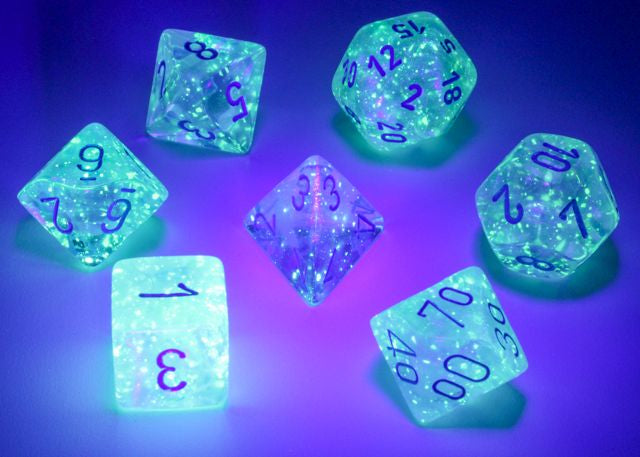 A close up of the Chessex Borealis Icicle with light blue polyhedral set under blacklight,
