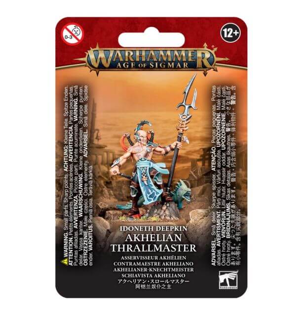Packaging for Idoneth Deepkin Akhelian Thrallmaster miniature, featuring the character with flowing clothes and exotic weaponry, accompanied by an eel. The product is for assembly and painting, part of the Warhammer Age of Sigmar series.