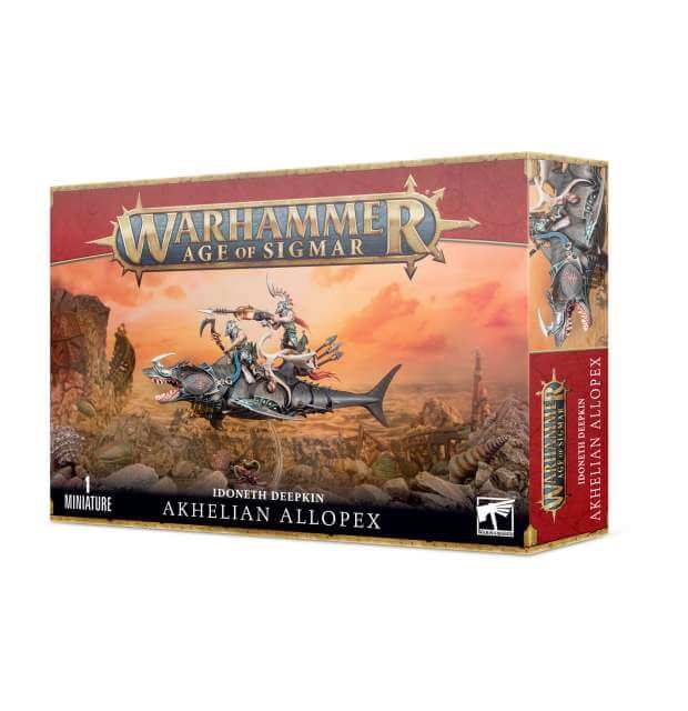 Product packaging for 'Warhammer Age of Sigmar: Idoneth Deepkin Akhelian Allopex' featuring illustrated fantasy creatures and magical elements.