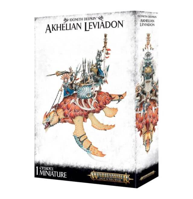 Product packaging for 'Idoneth Deepkin Akhelian Leviadon', featuring an illustrated sea creature on a white background, part of the Warhammer fantasy series.