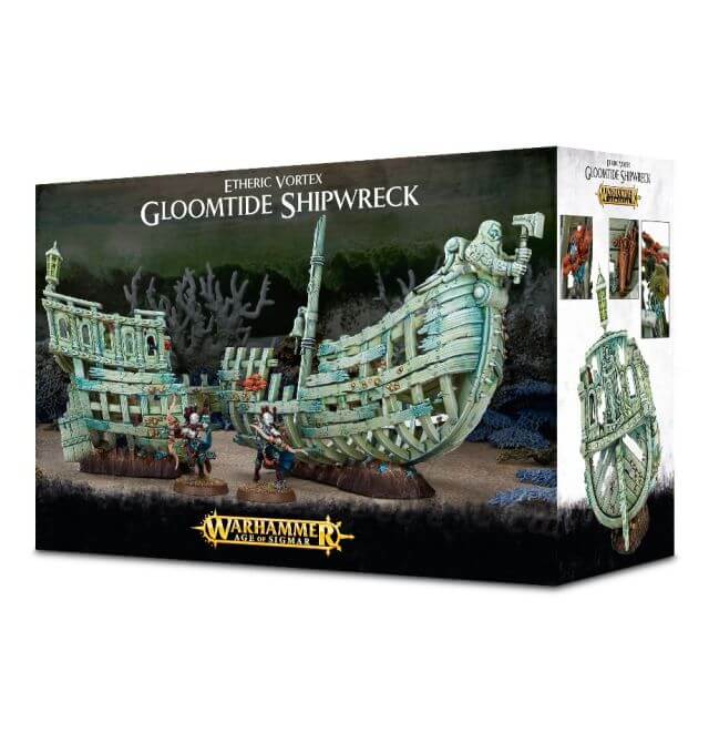 Packaging for the Idoneth Deepkin Gloomtide Shipwreck, featuring the assembled and painted model on the front.