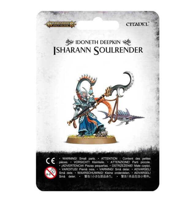 The product image shows the packaging of Idoneth Deepkin Isharann Soulrender, featuring an illustration of the miniature figure on a card with the name and product details.