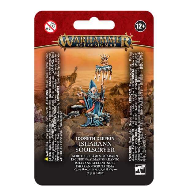 Packaging for Idoneth Deepkin Isharann Soulscryer depicting the model in a ruined landscape. 