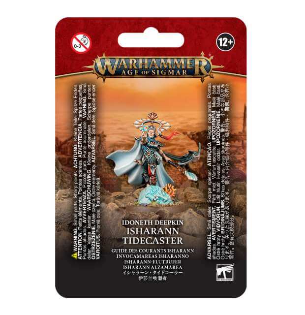 Packaging for Idoneth Deepkin Isharann Tidecaster miniature kit in Warhammer Age of Sigmar, featuring an illustration of the character on a card with game-related text.
