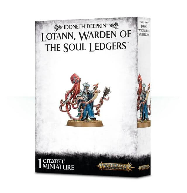 Product packaging for 'Idoneth Deepkin Lotann, Warden of the Soul Ledgers', featuring an illustration of a fantasy creature on a box with the Games Workshop logo.