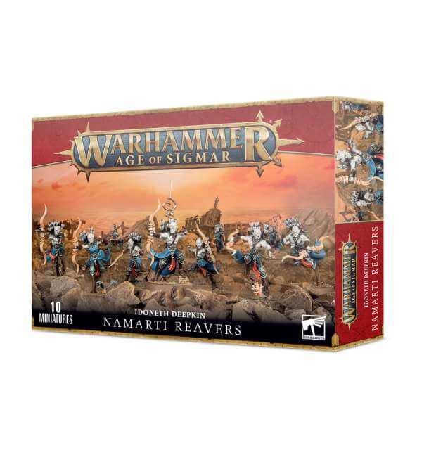 Box packaging for 'Idoneth Deepkin Namarti Reavers' in the Warhammer Age of Sigmar game, featuring illustrations of fantasy creatures and bases.