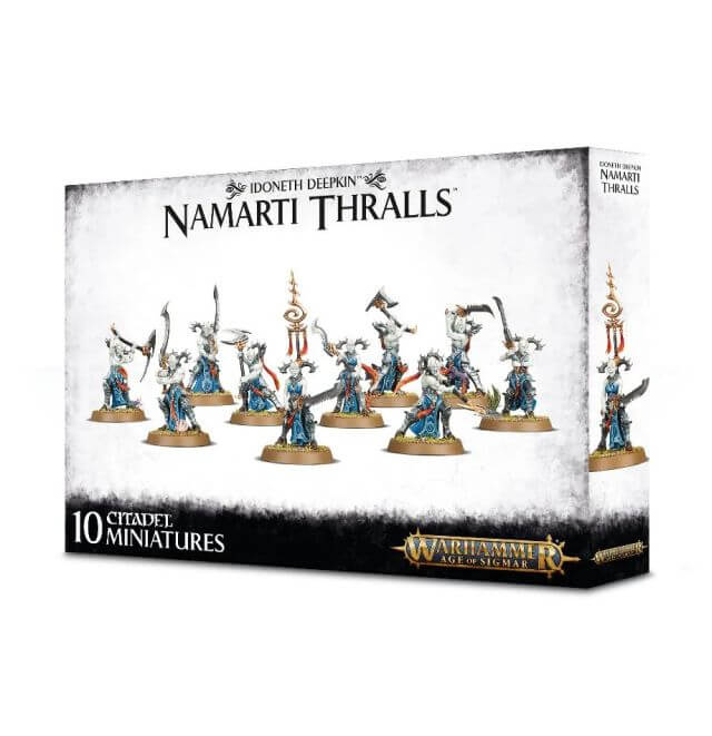 A product packaging for 'Namarti Thralls' featuring 10 Citadel 32mm Round bases with painted miniature figures of fantasy characters.