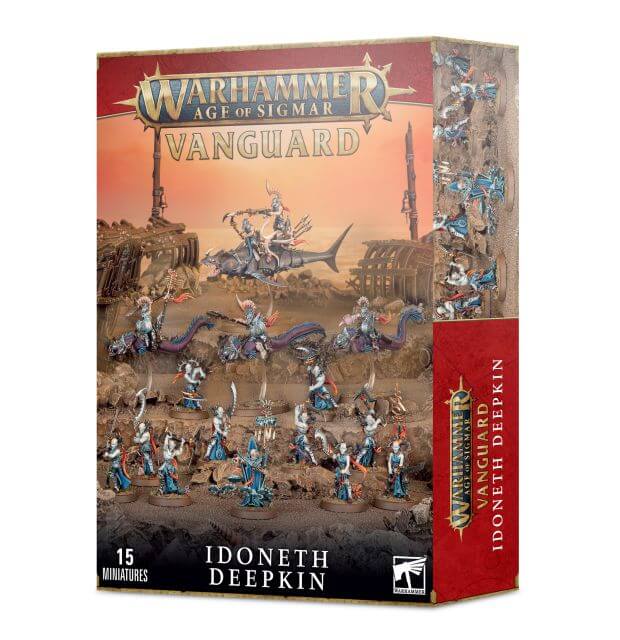 Box packaging for Warhammer Age of Sigmar Vanguard Idoneth Deepkin miniatures set, featuring illustrations of the characters and the name of the unit.