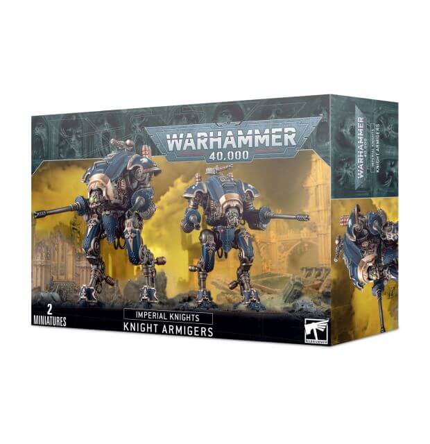 Packaging for Warhammer 40,000 Imperial Knights Armiger miniatures kit, showing two assembled knights on the front.