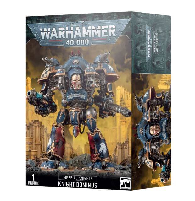Packaging for Warhammer 40,000 Imperial Knights Knight Dominus miniature, featuring the assembled and painted model on the front.