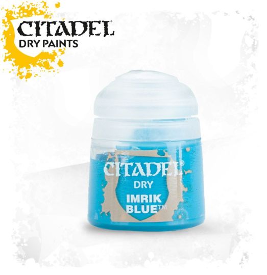 A pot of Citadel dry paint in the color Imrik Blue, designed for drybrushing techniques in model painting.