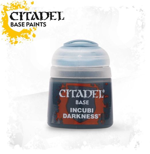 A pot of Citadel Base paint in the color 'Incubi Darkness', primarily designed for painting miniature models.