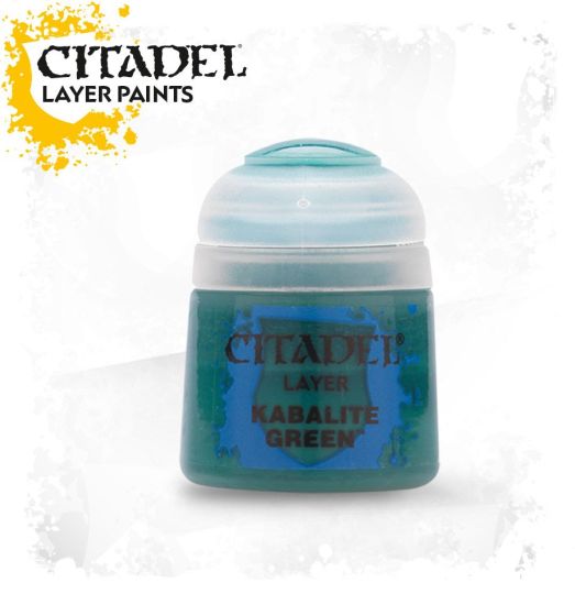 A pot of Citadel Layer paints in the color 'Kabalite Green'. The paint is intended for use on miniatures and is presented in a small, round, plastic container with a green label and lid.