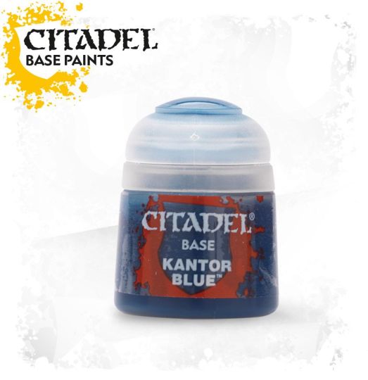 A pot of Citadel Base paint in Kantor Blue color, designed for use on plastic, metal, and resin Citadel miniatures.