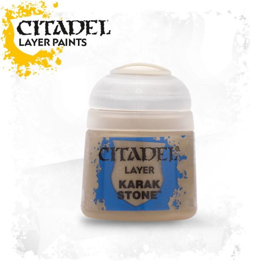 A pot of Citadel Layer acrylic paint in the color 'Karak Stone'. The product is designed for painting miniatures and is a high-quality, non-toxic, water-based acrylic paint.