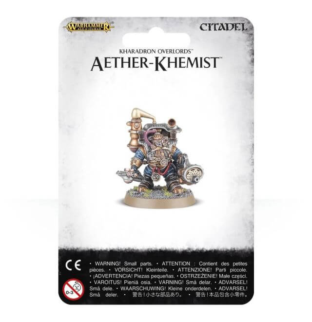 Packaging for Kharadron Overlords Aether-Khemist miniature, featuring the assembled and painted model on a card with product information.
