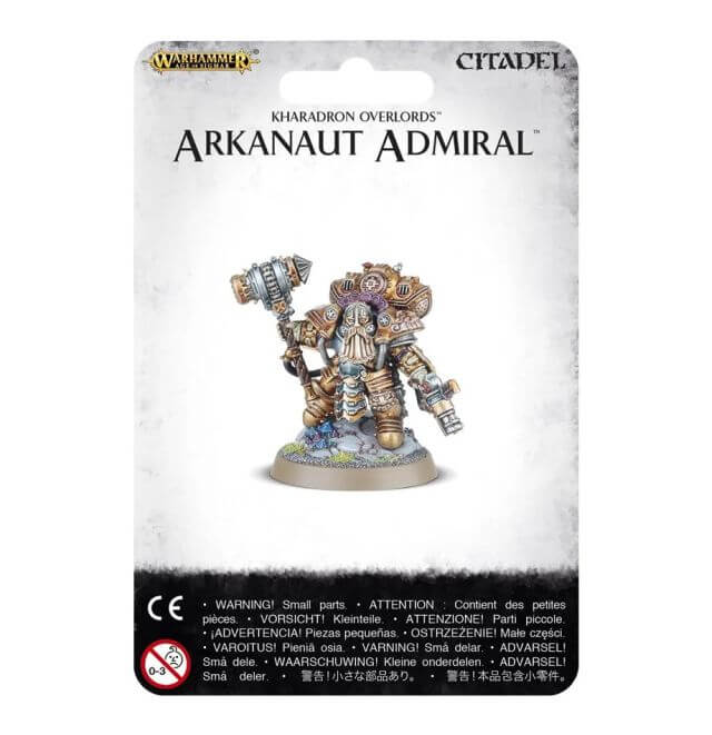 A product image featuring the Kharadron Overlords Arkanaut Admiral miniature from Citadel, with 12 components including a metal part and a plastic base, displayed on a white background.