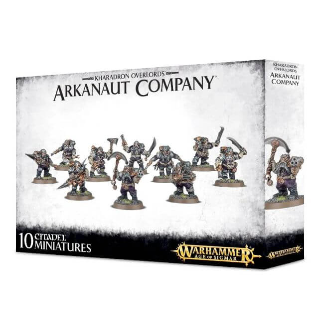 Packaging for Warhammer 40,000 Kharadron Overlords Arkanaut Company miniatures, featuring 10 painted figures on display.