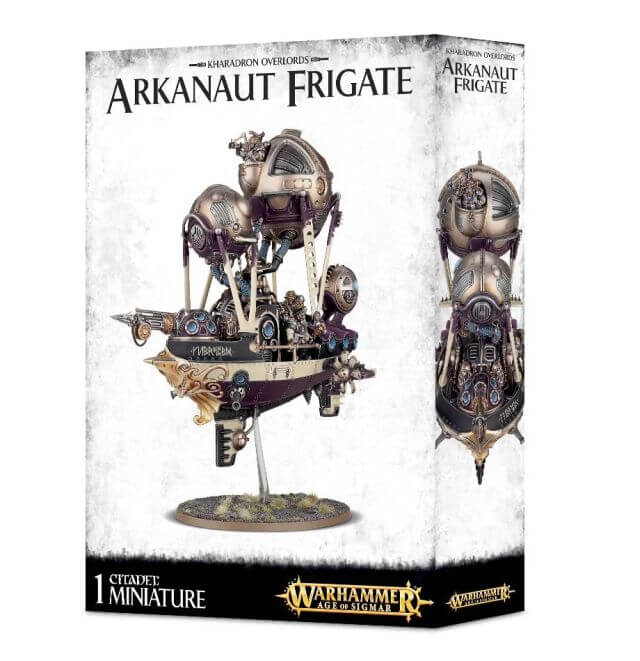 Packaging for Games Workshop's Kharadron Overlords Arkanaut Frigate miniature, featuring the assembled and painted model on the box art.