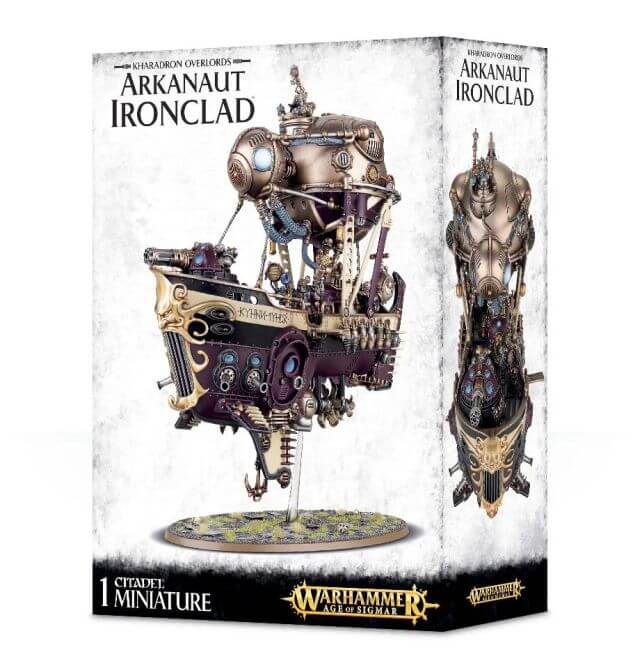 Packaging for Kharadron Overlords Arkanaut Ironclad miniature, featuring the assembled and painted model on a display stand against a white background.
