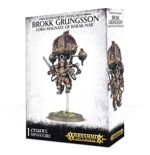 Product packaging for 'Brokk Grungsson, Lord-Magnate of Barak-Nar' model, featuring the model on a box with the Warhammer 40,000 franchise branding.