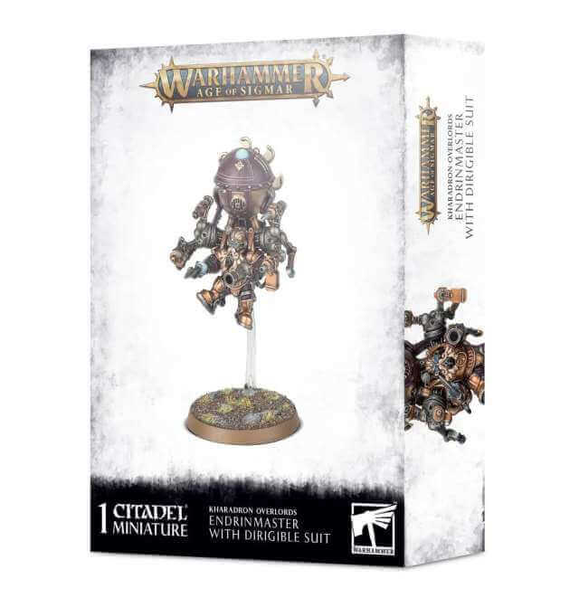 Package for Kharadon Overlords Endrinmaster, showing the model on a flight base. 