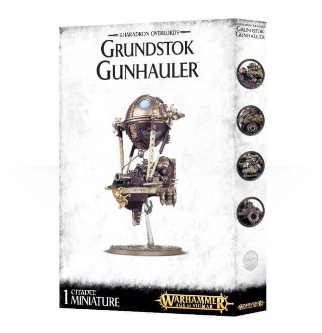 Product packaging for 'Grundstok Gunhauler', featuring a mechanical war machine from the Warhammer 40,000 series. The box displays the model images and the Citadel brand.