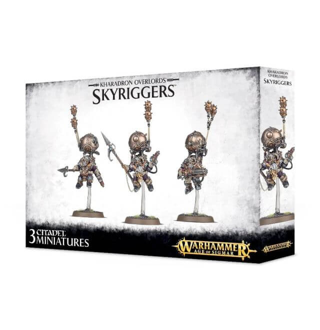 Packaging for Warhammer Endrinriggers / Skywardens miniatures showing three assembled figures on stands against a grey background.