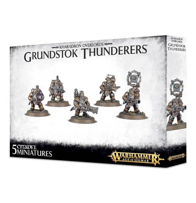 Product packaging for 'Kharadron Overlords Grundstok Thunderers', featuring 5 Citadel 32mm Round bases with miniature figures on them, against a cardboard background with Games Workshop branding.