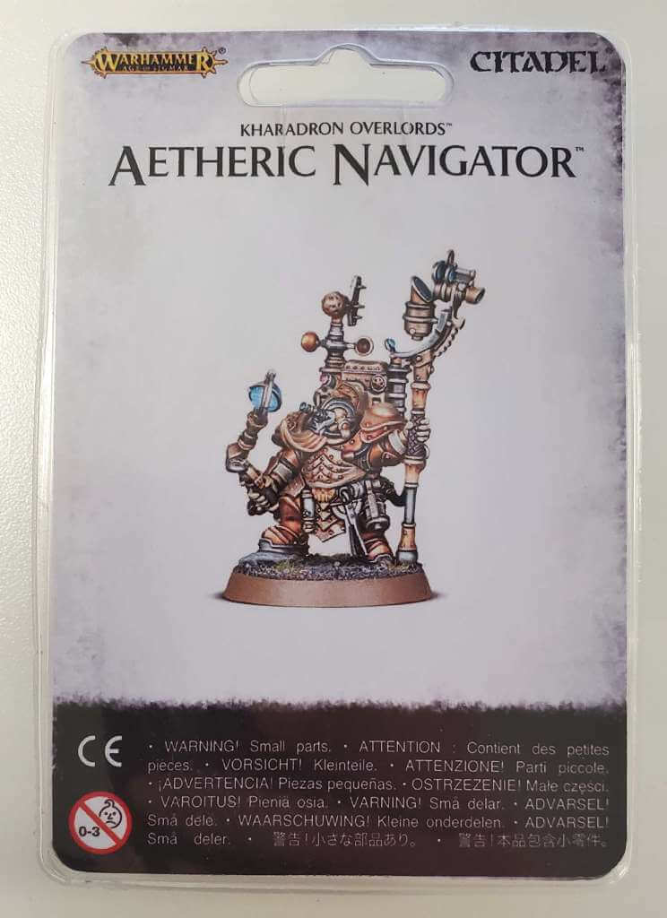 Packaged model kit of the Kharadron Overlords Aetheric Navigator, showing the assembled figure on a sprue with 'Citadel' branding.