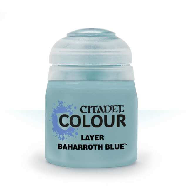 A pot of Citadel layer paint in Baharroth Blue color, used for miniature painting.