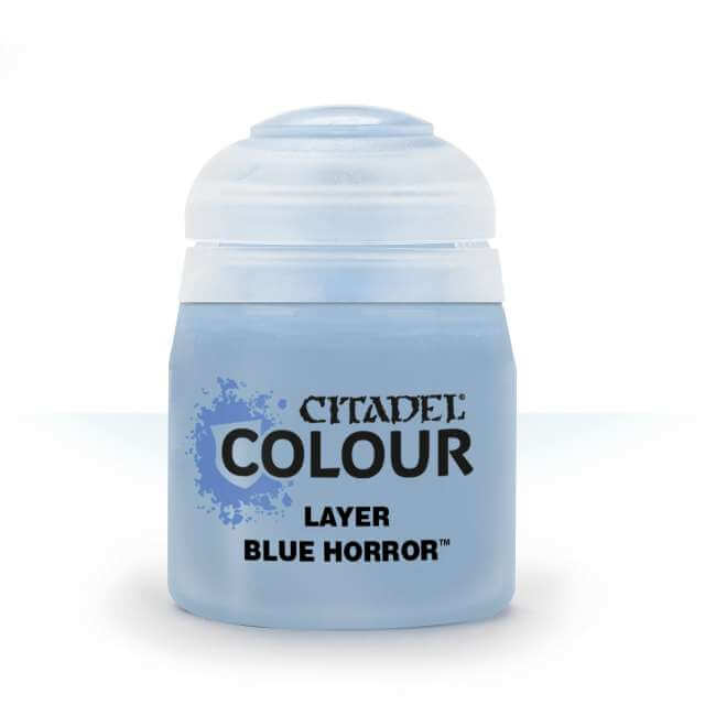 A pot of Citadel Layer paint in the color Blue Horror, primarily used for miniature painting.