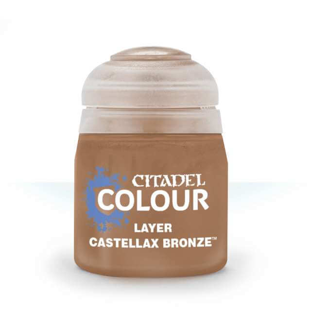 A pot of Citadel Colour Layer paint in Castellax Bronze, primarily brown in color with a white lid and label detailing the product name and type.
