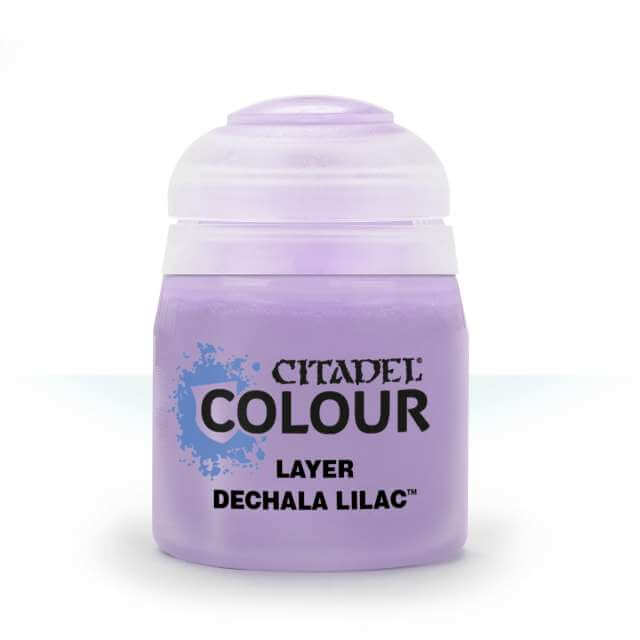 A pot of Citadel layer paint in Dechala Lilac color, primarily purple in hue with product details and branding on the label.
