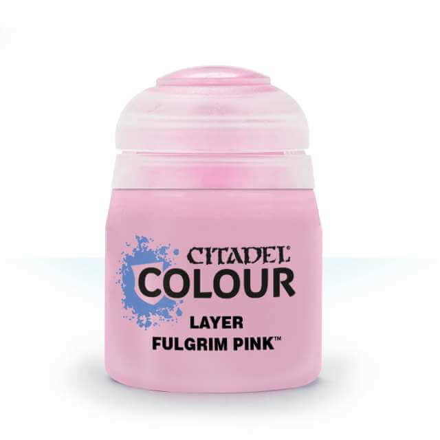 A pot of Citadel Layer paint in Fulgrim Pink color, used for miniature painting.