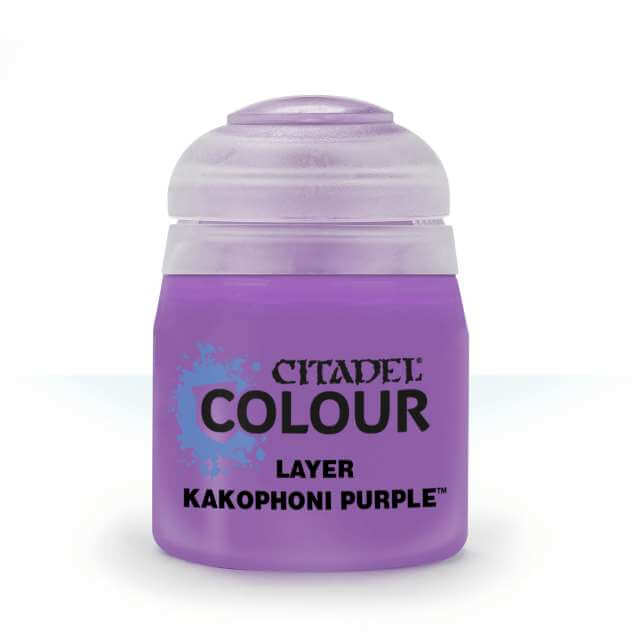 A pot of Citadel Layer paint in Kakophoni Purple color, used for miniature painting.