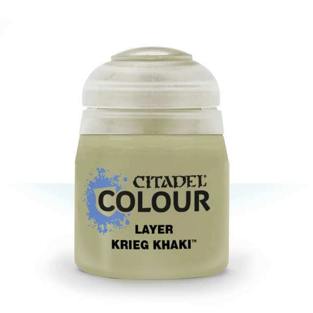 A pot of Citadel layer paint in Krieg Khaki color, used for miniature painting.