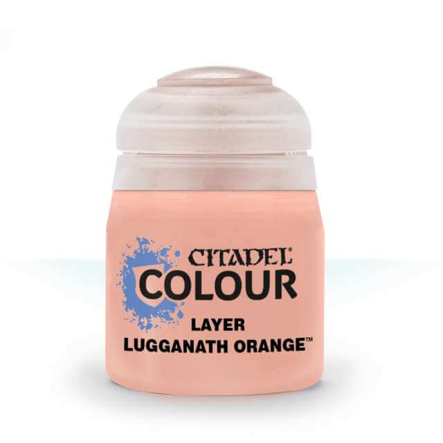 A pot of Citadel Layer paint in Lugganath Orange color for miniature painting.
