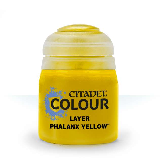 A pot of Citadel layer paint in Phalanx Yellow color for miniature painting.