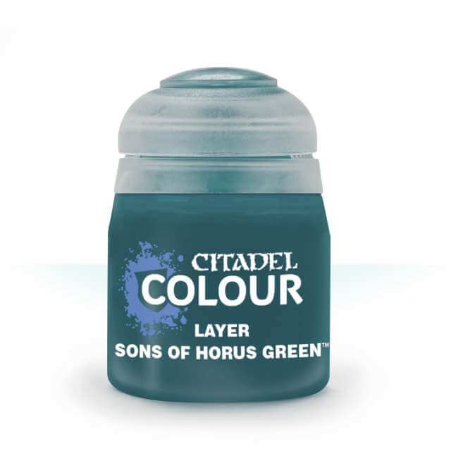 A pot of Citadel Colour paint in Sons of Horus Green, primarily used for miniature model painting.
