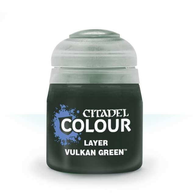 A pot of Citadel Colour Layer paint in Vulkan Green, primarily used for miniature painting.
